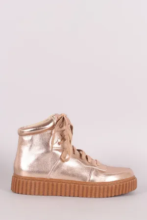 Metallic Round Toe Lace Up High Top Creeper Sneaker