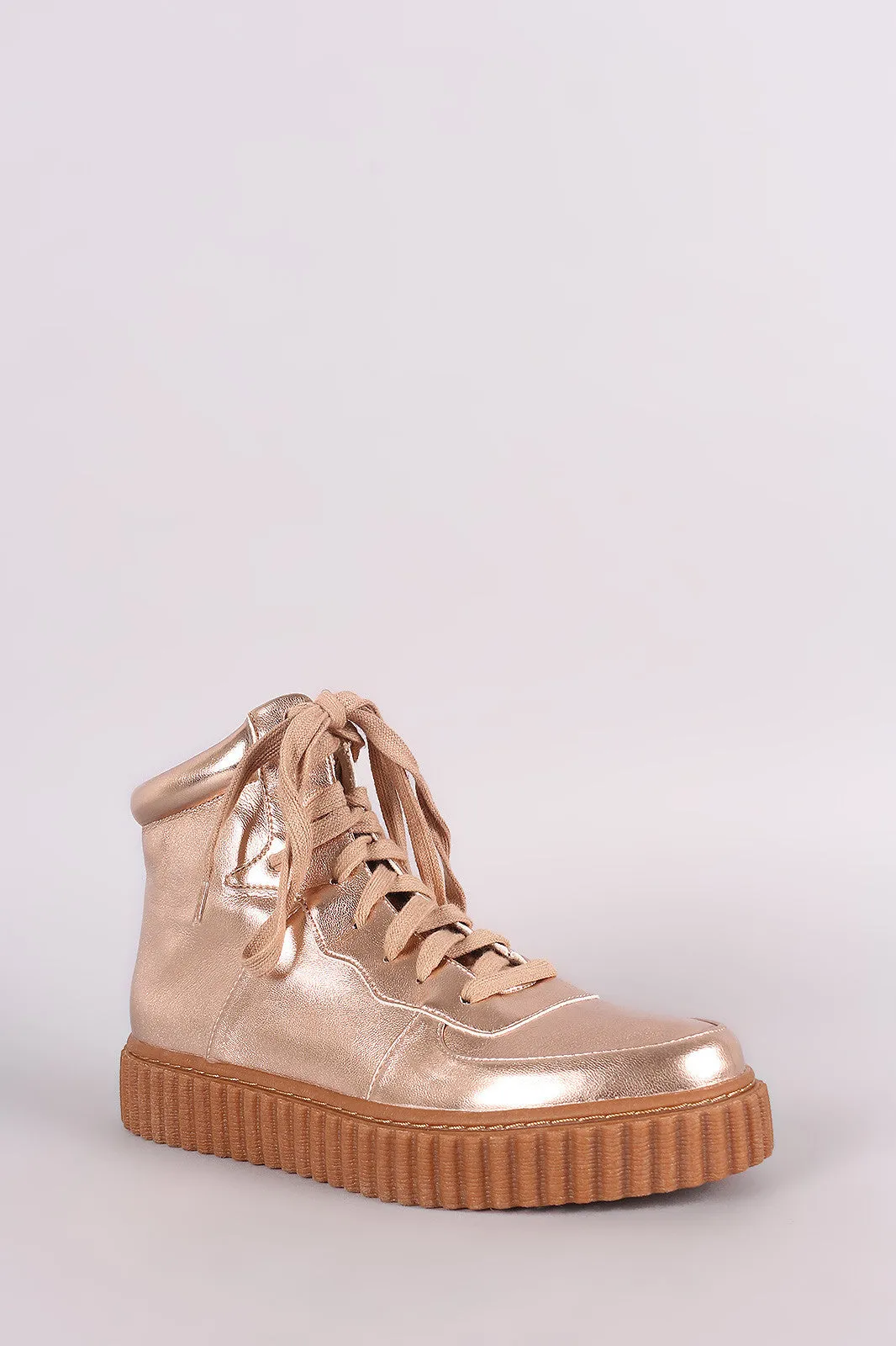 Metallic Round Toe Lace Up High Top Creeper Sneaker