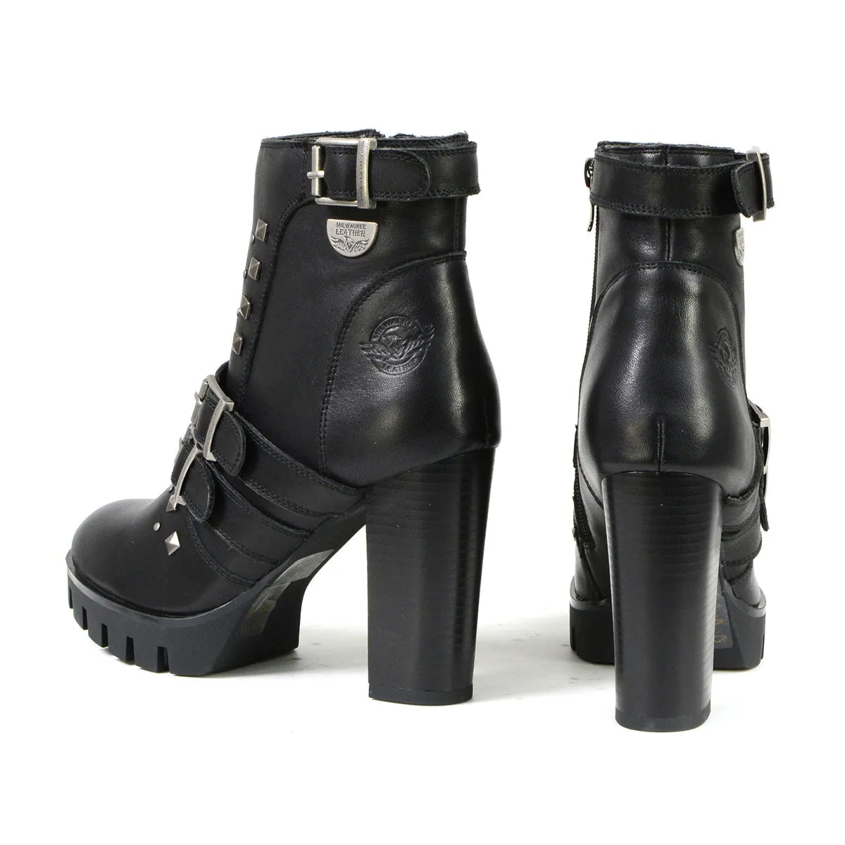 Milwaukee Leather MBL9456 Women's Premium Black Leather Fashion Platform Boots with Straps