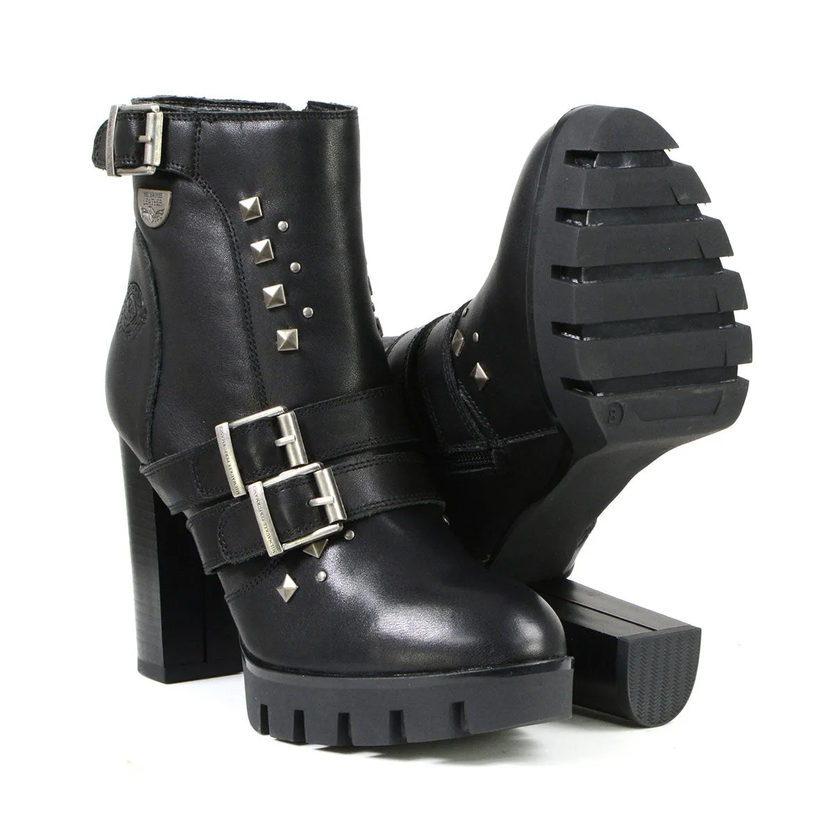 Milwaukee Leather MBL9456 Women's Premium Black Leather Fashion Platform Boots with Straps