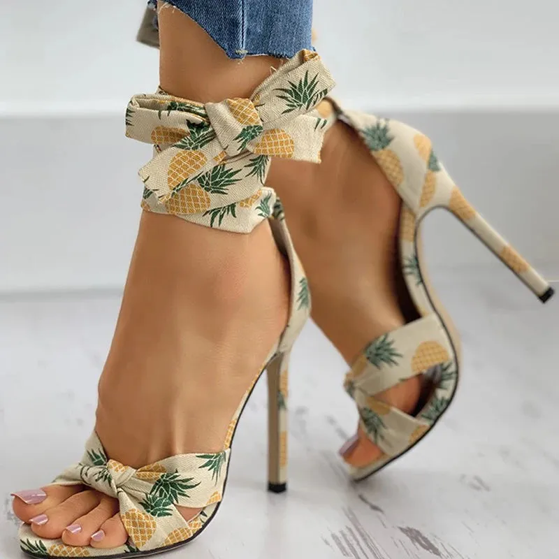 Nanas - Ankle Strap Heeled Sandals Fashion Printed