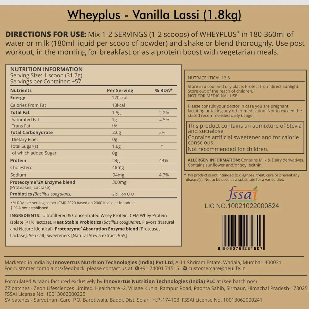 Neulife WHEYPLUS® Gut-friendly Grass-Fed Whey Protein Isolate Blend with Probiotics & Proteozymes 4lbs (Vanilla Lassi)