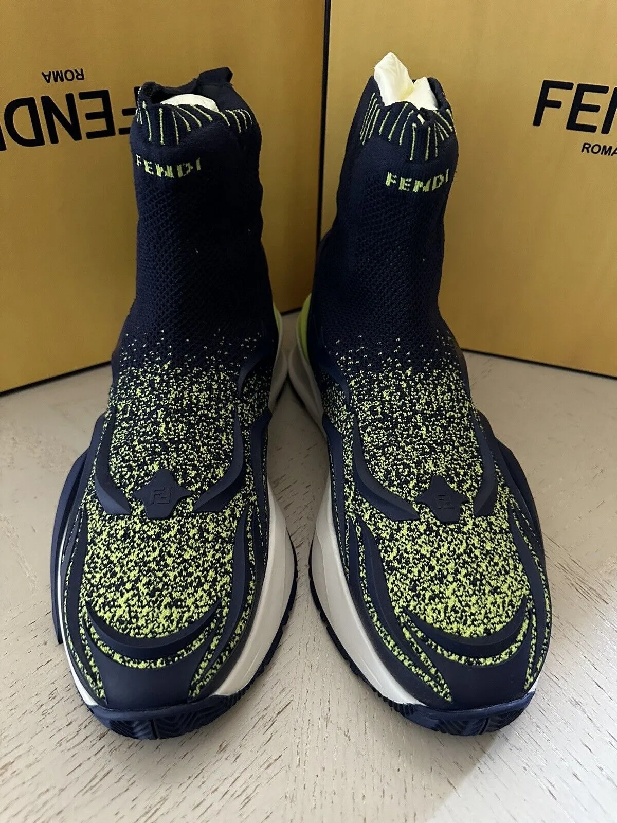 NIB $1190 Fendi Men Contrast Knit High Top Sneakers Shoes Navy/Green 11 US/10 UK