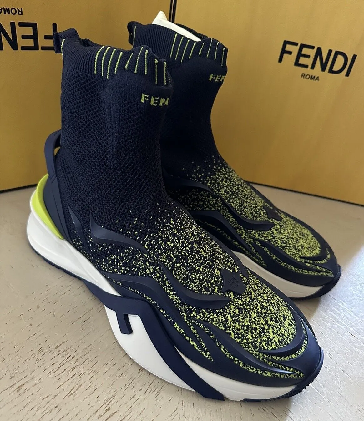 NIB $1190 Fendi Men Contrast Knit High Top Sneakers Shoes Navy/Green 11 US/10 UK