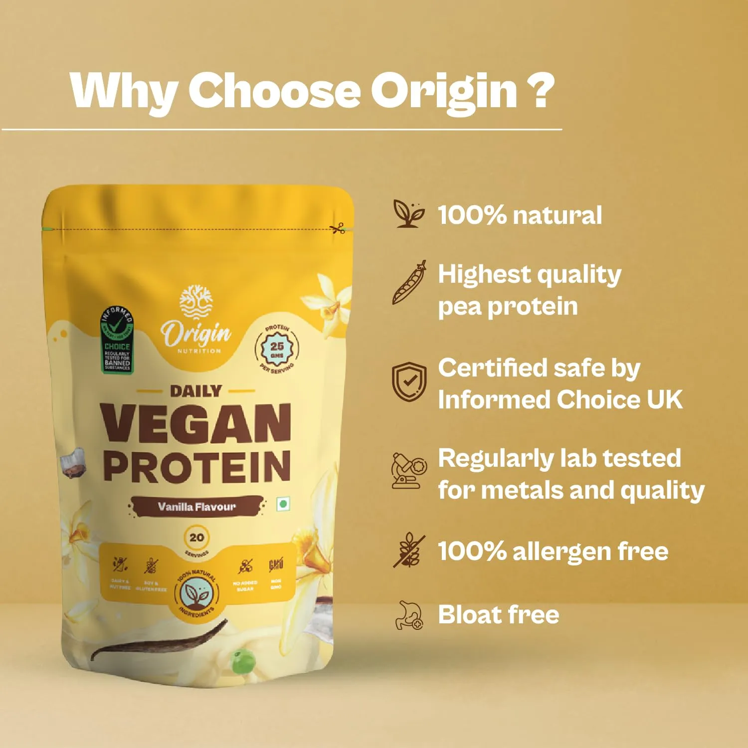 Origin Nutrition 100% Natural Vegan Protein Powder (European Pea Protein Isolate & Pumpkin Seed Protein) Easy to Digest Vanilla Flavour with 25g Plant Based Protein,780g