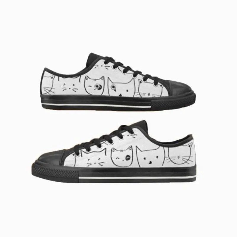 Personalized Black Cats Women's White Canvas Shoes