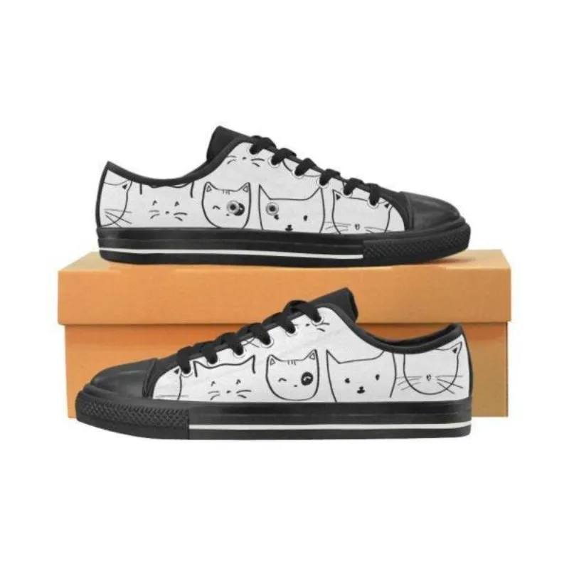 Personalized Black Cats Women's White Canvas Shoes