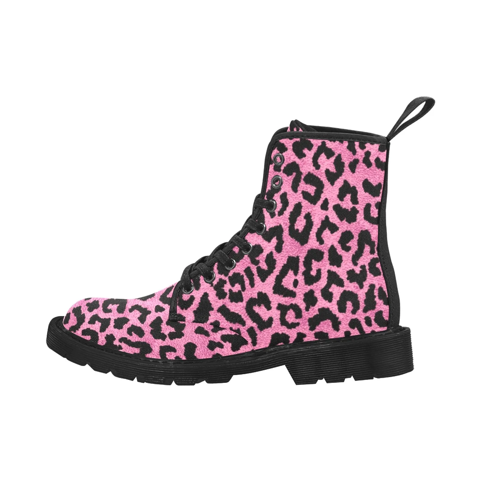 Pink Leopard Women's Boots, Animal Print Vegan Canvas Lace Up Shoes Black Cheetah Festival Army Ankle Combat Winter Casual Custom Gift