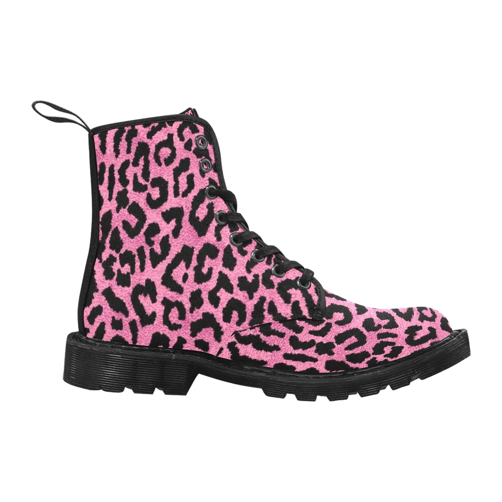 Pink Leopard Women's Boots, Animal Print Vegan Canvas Lace Up Shoes Black Cheetah Festival Army Ankle Combat Winter Casual Custom Gift