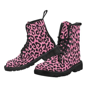 Pink Leopard Women's Boots, Animal Print Vegan Canvas Lace Up Shoes Black Cheetah Festival Army Ankle Combat Winter Casual Custom Gift