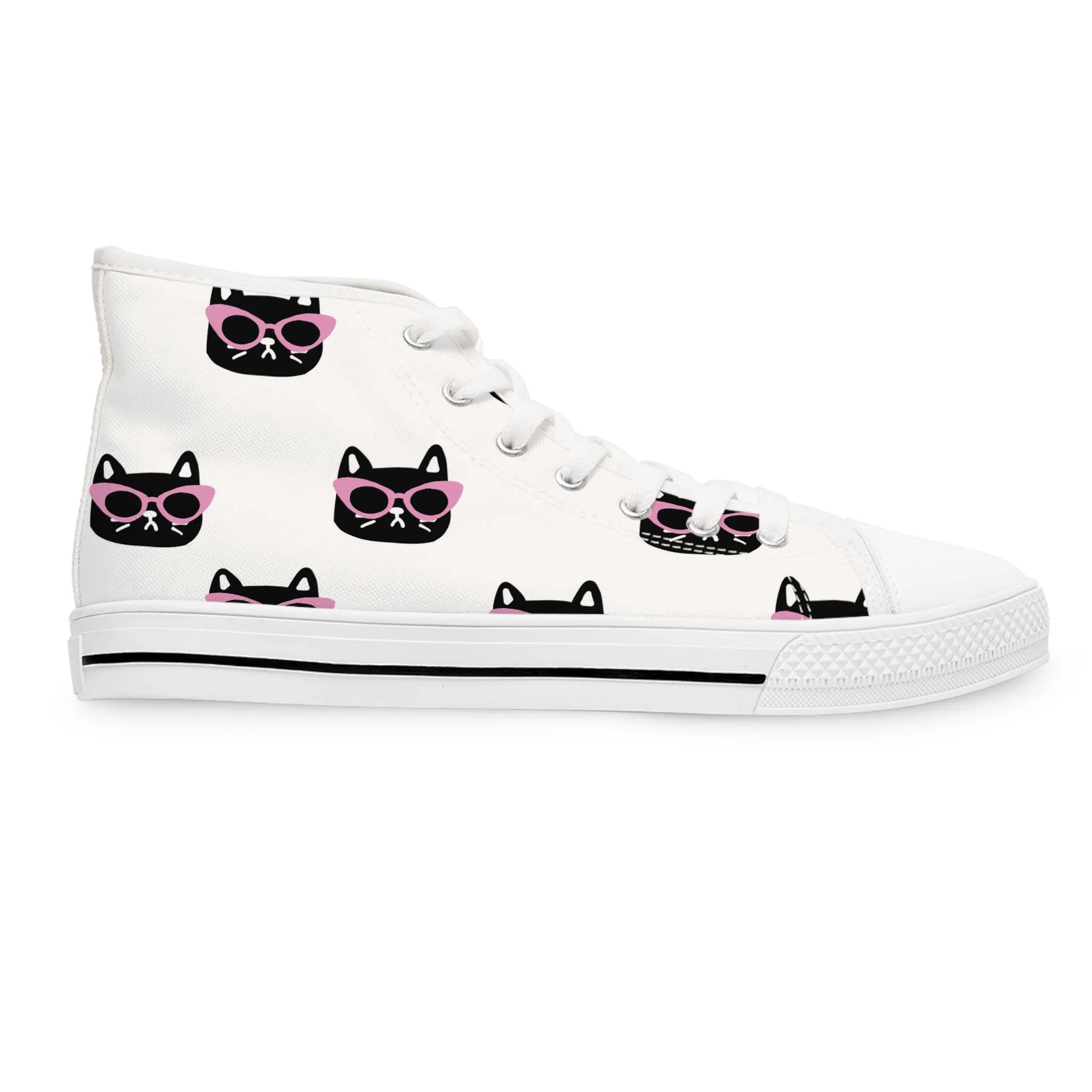 Pink Sunglasses and Black Kitty Head Women's High Top Sneakers