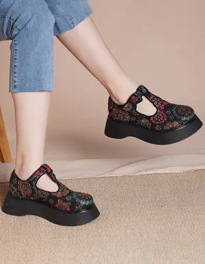 Platform Round Head Ethnic Style Printed Shoes