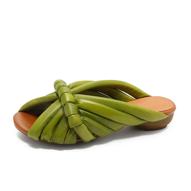 Retro Leather Peep Toe Slide Sandals Braided Slippers in Green/Apricot