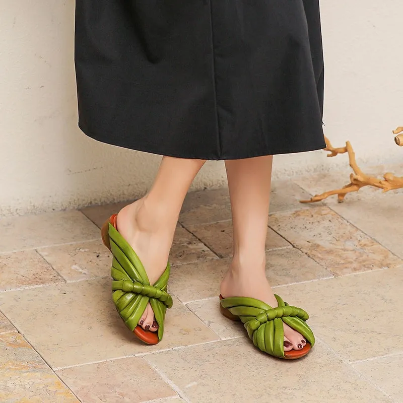 Retro Leather Peep Toe Slide Sandals Braided Slippers in Green/Apricot