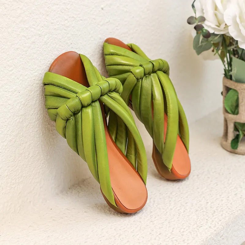 Retro Leather Peep Toe Slide Sandals Braided Slippers in Green/Apricot