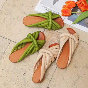 Retro Leather Peep Toe Slide Sandals Braided Slippers in Green/Apricot