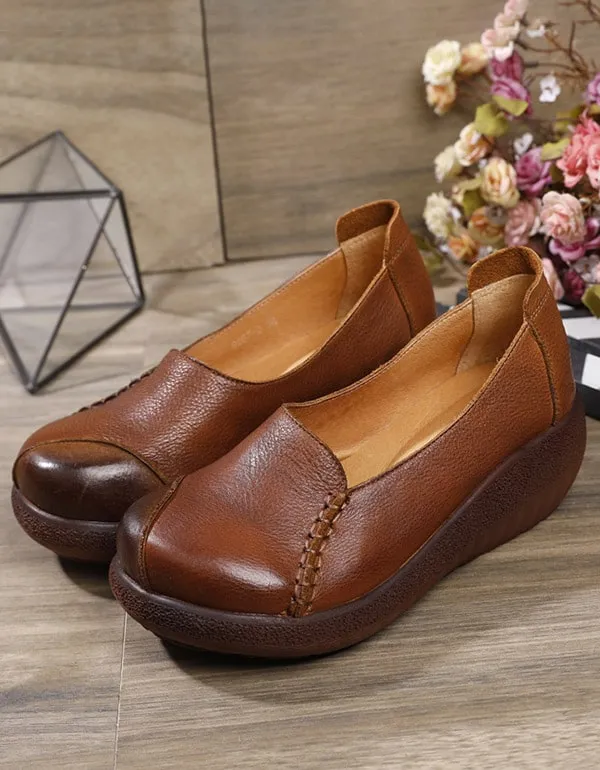 Retro Leather Waterproof Women's Wedge Shoes