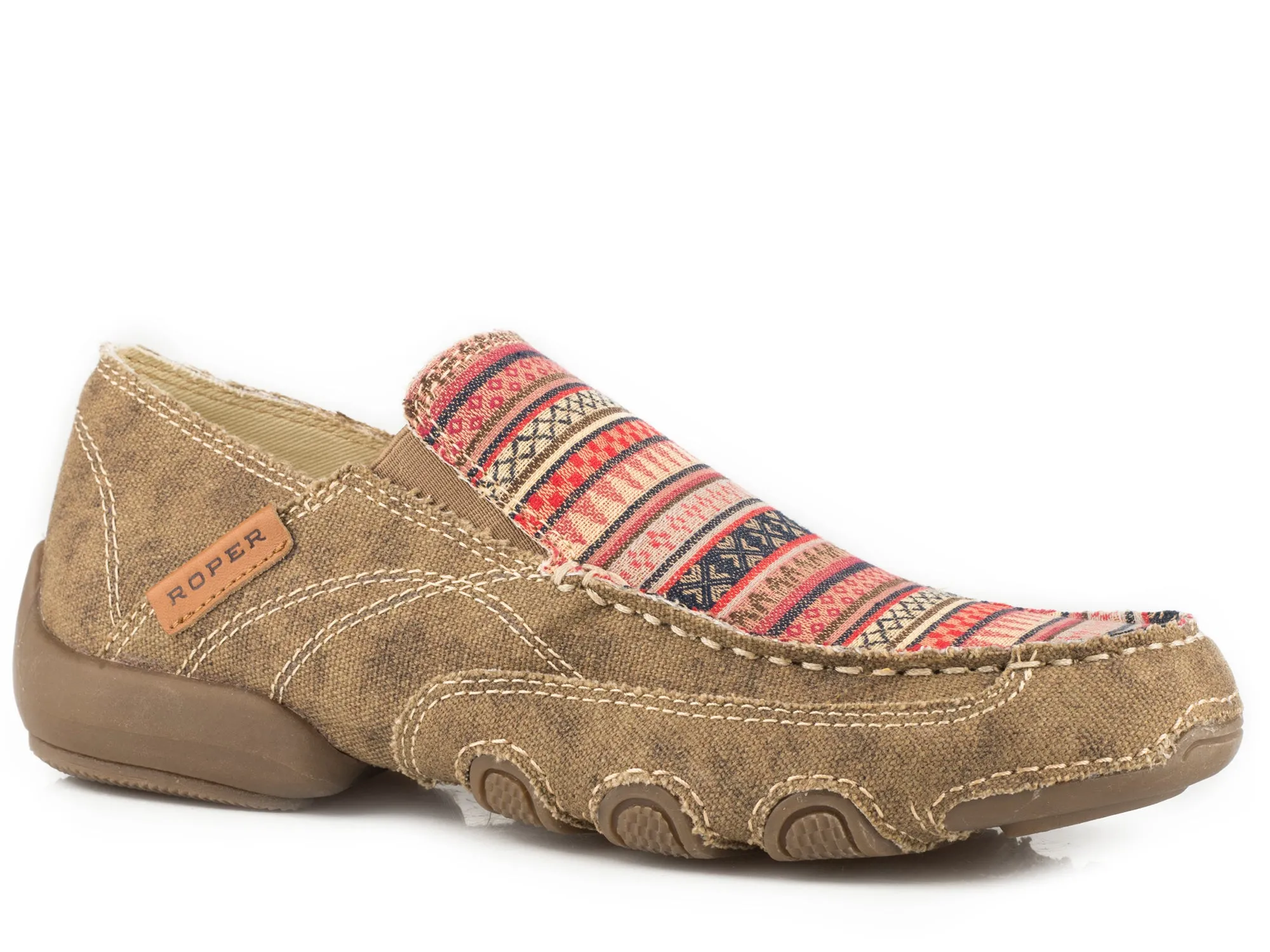 Roper SlipOn Womens Tan Canvas Waxy Southwest Distressed Daisy Shoes