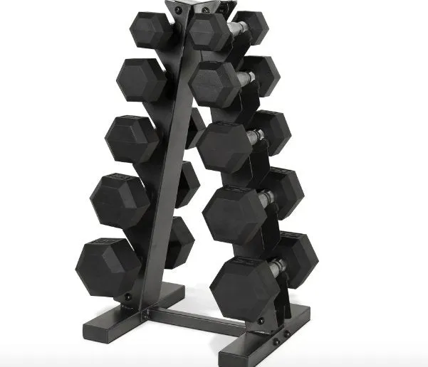 Rubber Hex Dumbbells 5-25 lb Set with A-Frame Rack