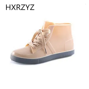 Shoes Women Lace-Up Rain Boots Fashion Solid Flats Shoes Casual Round Toe Women Ankle Boots Jelly Waterproof Shoes Martin Boots