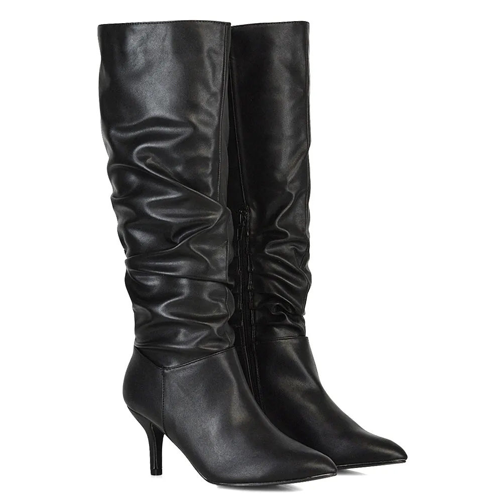 Sian Pointed Toe Knee High Ruched Stiletto High Heeled Boots in Black Faux Suede