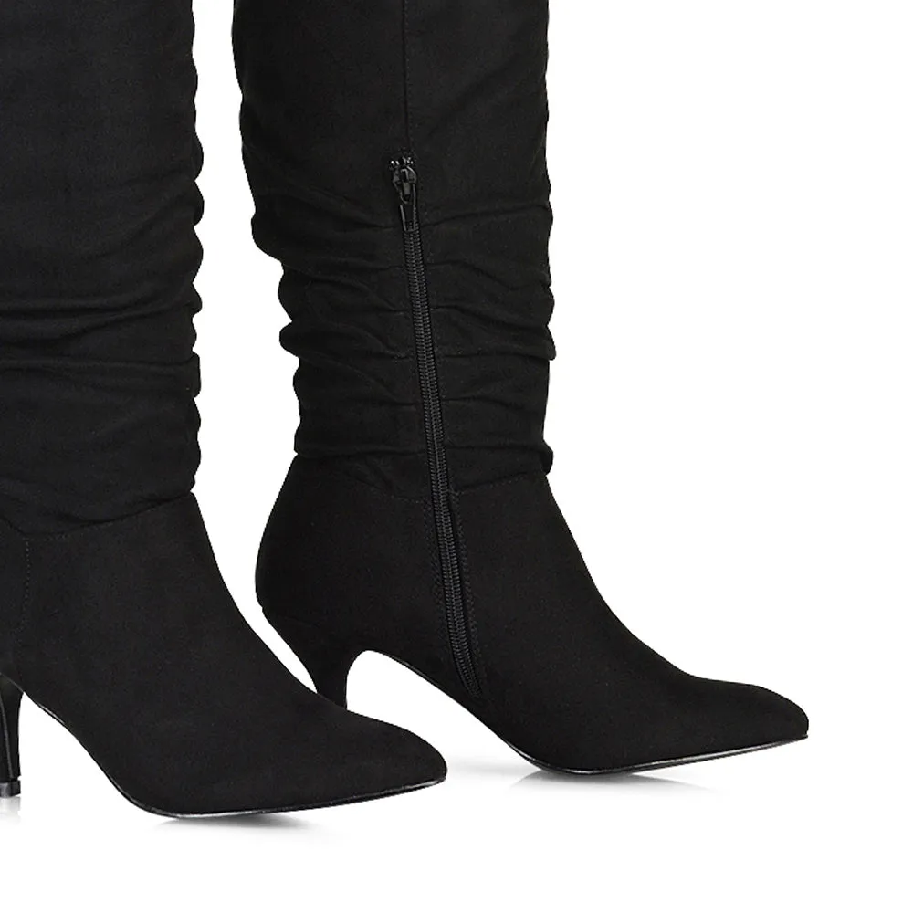 Sian Pointed Toe Knee High Ruched Stiletto High Heeled Boots in Black Faux Suede