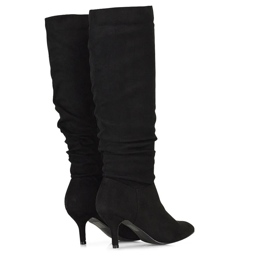 Sian Pointed Toe Knee High Ruched Stiletto High Heeled Boots in Black Faux Suede