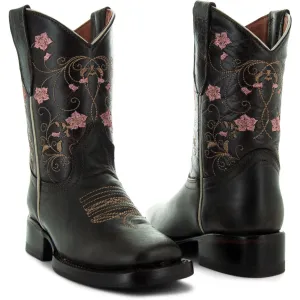 Soto Boots K3008 Girls Brown Floral Square Toe Cowboy Boots