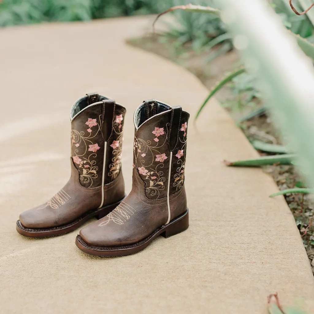 Soto Boots K3008 Girls Brown Floral Square Toe Cowboy Boots