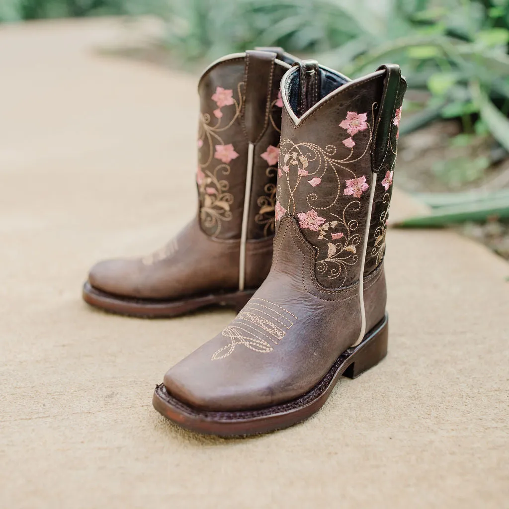 Soto Boots K3008 Girls Brown Floral Square Toe Cowboy Boots