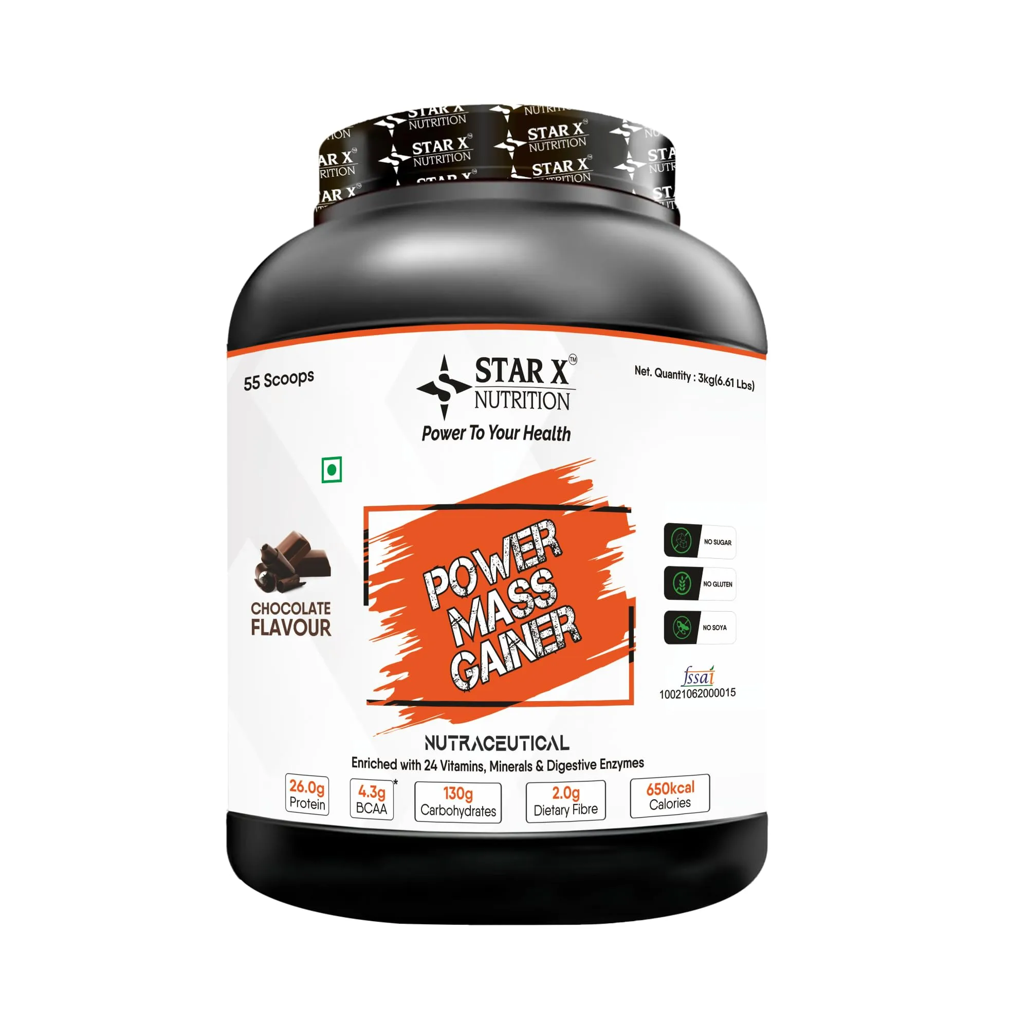 STAR X NUTRITION Power Mass Gainer (Chocolate) - 26G Protein, 130G Carbohydrates, 4.3G Bcaa, (3Kg)