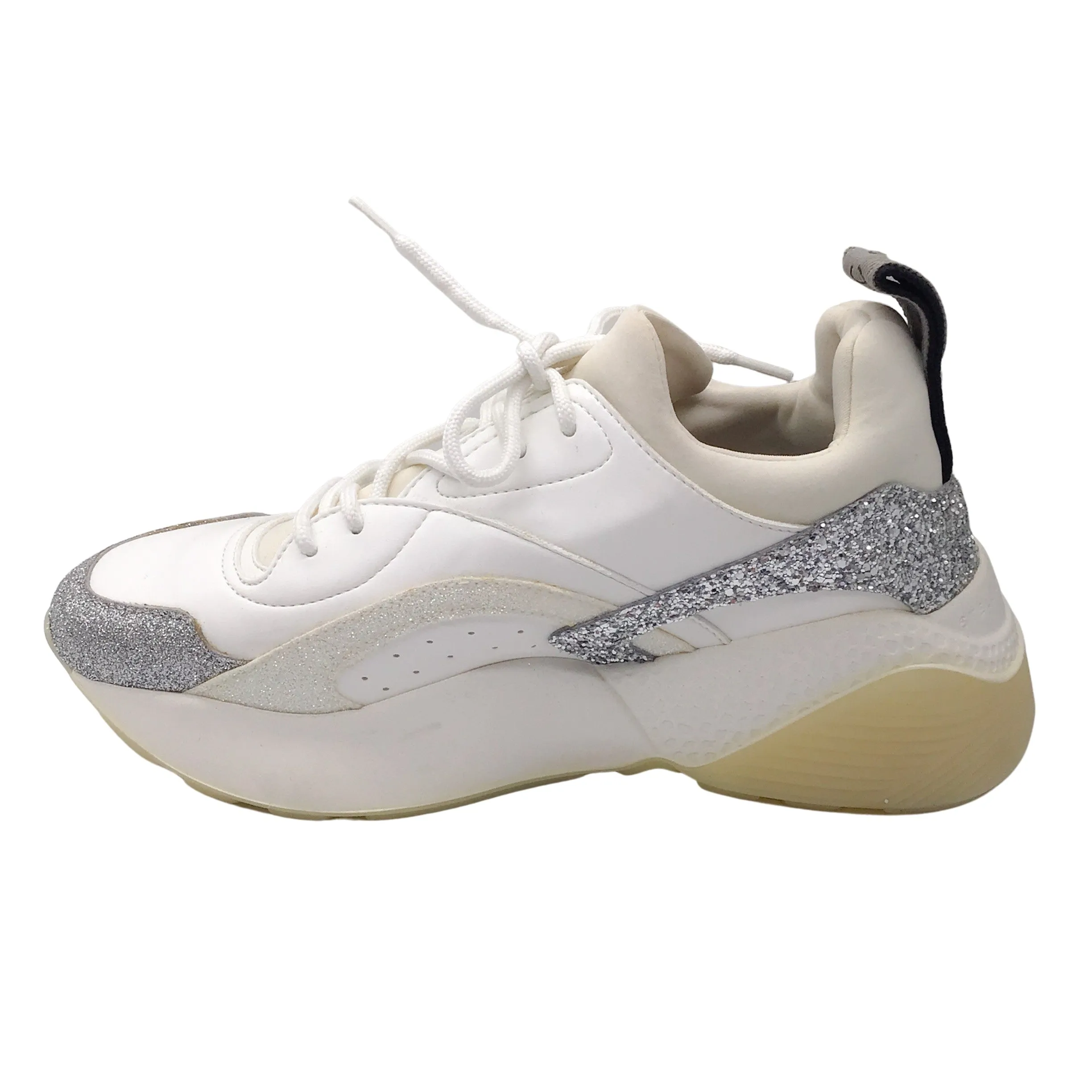 Stella McCartney Eclypse White / Silver Metallic Glitter Detail Chunky Sole Lace-up Leather Sneakers