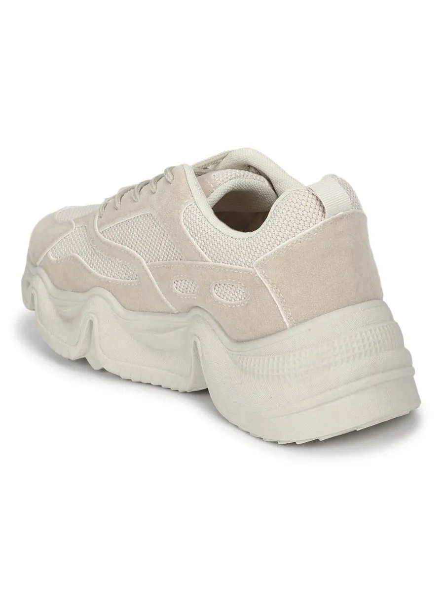 Stone Beige Lace-Up Chunky Sneakers With Cleated Sole