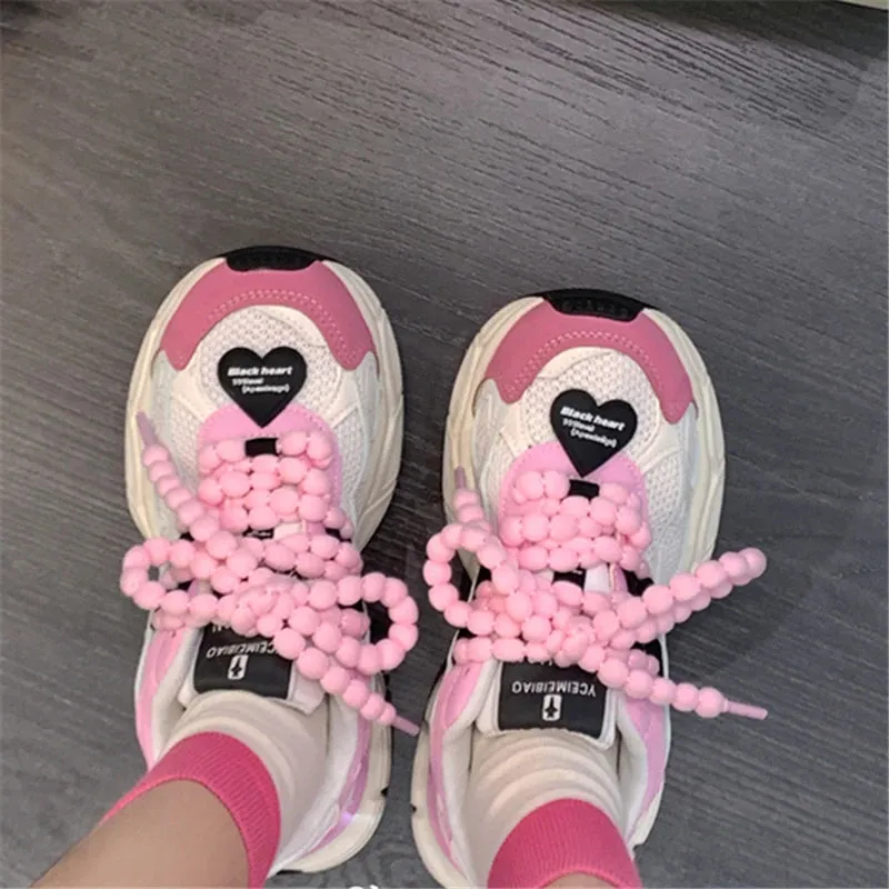 TAVIMART  -  Heart Shaped Mixed Color Round Toe Women Sneakers Thick Sole Chunky Heels Lace Up Fashion Runaway Skateboard Casual Female Shoes