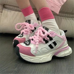 TAVIMART  -  Heart Shaped Mixed Color Round Toe Women Sneakers Thick Sole Chunky Heels Lace Up Fashion Runaway Skateboard Casual Female Shoes