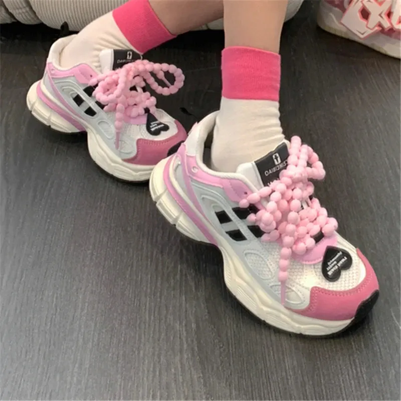 TAVIMART  -  Heart Shaped Mixed Color Round Toe Women Sneakers Thick Sole Chunky Heels Lace Up Fashion Runaway Skateboard Casual Female Shoes