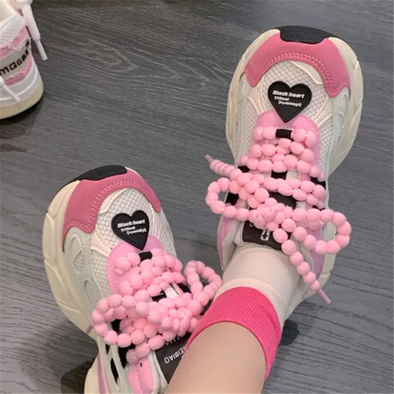 TAVIMART  -  Heart Shaped Mixed Color Round Toe Women Sneakers Thick Sole Chunky Heels Lace Up Fashion Runaway Skateboard Casual Female Shoes