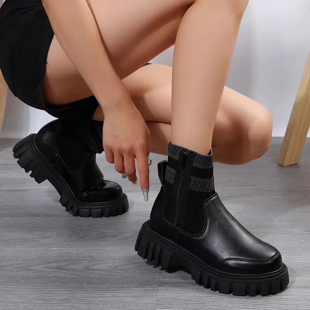 Thick Sole Elastic Knitted Patchwork Boots