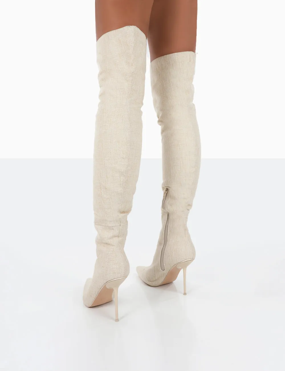 Tianna Natural Linen Pointed Toe Over The Knee Stiletto Boots