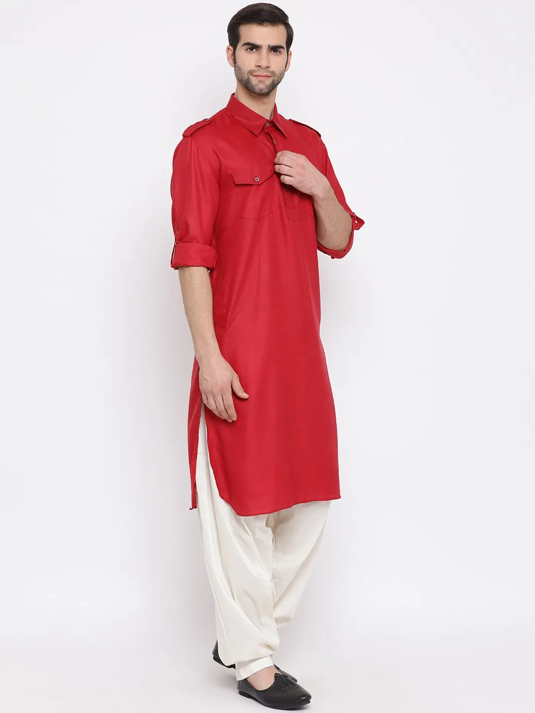 VASTRAMAY Maroon Cotton Pathani Suit Set