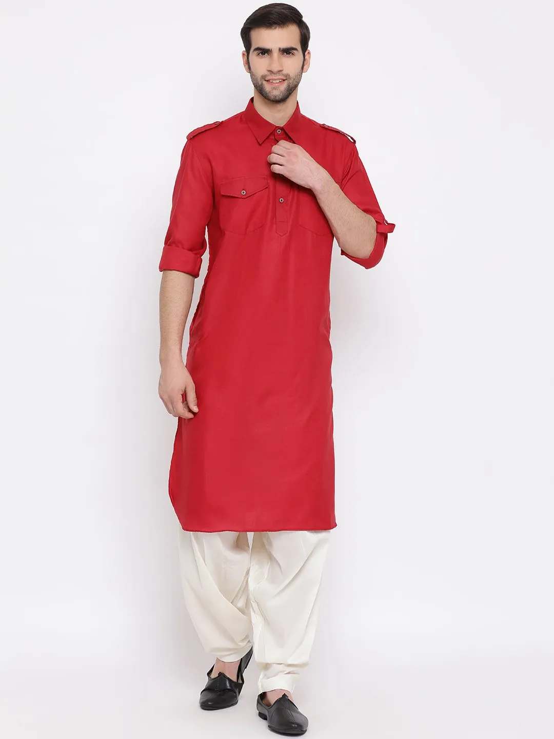 VASTRAMAY Maroon Cotton Pathani Suit Set