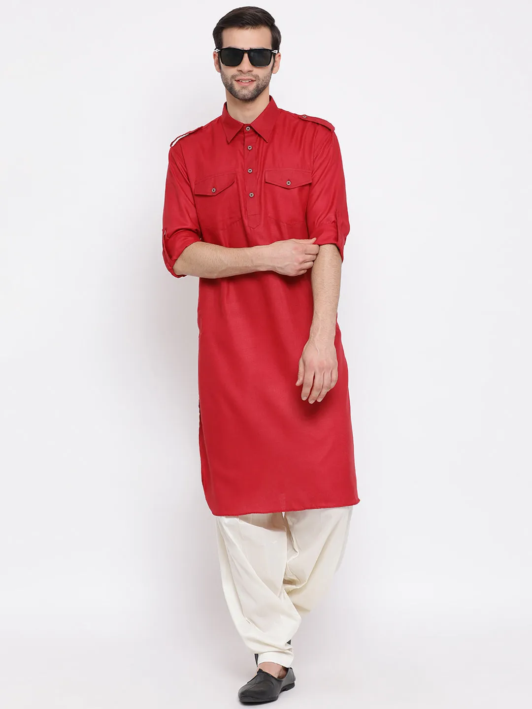 VASTRAMAY Maroon Cotton Pathani Suit Set