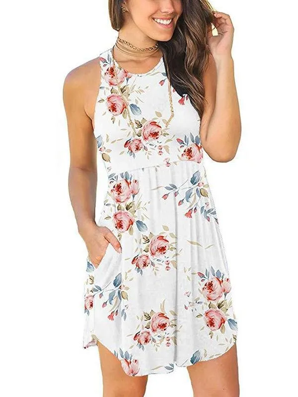 Vest Round Neck Pocket Floral Dress