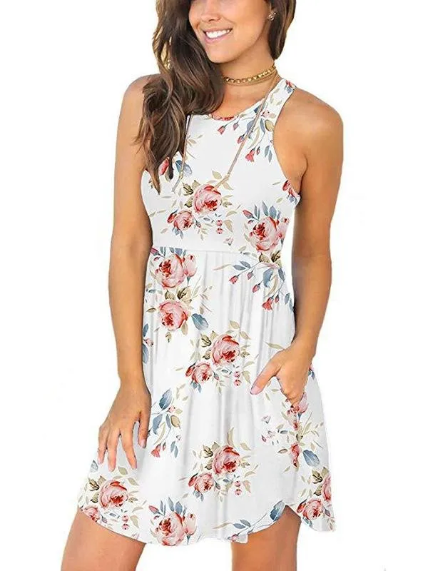 Vest Round Neck Pocket Floral Dress