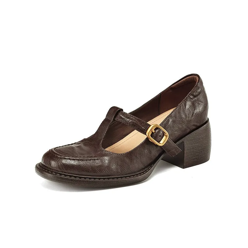 Vintage British Style Handmade Sheepskin Mary Jane T-Strap Round Toe Pumps in Brown/Black