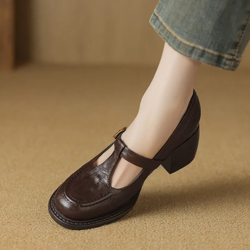 Vintage British Style Handmade Sheepskin Mary Jane T-Strap Round Toe Pumps in Brown/Black