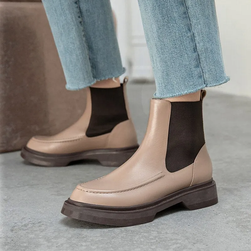 Wenkouban Autumn Shoes     Retro British Style Slip-On Chelsea Boots Genuine Leather Women's Boots Fashion Ankle Boots Round Toe Flat with Women Shoes