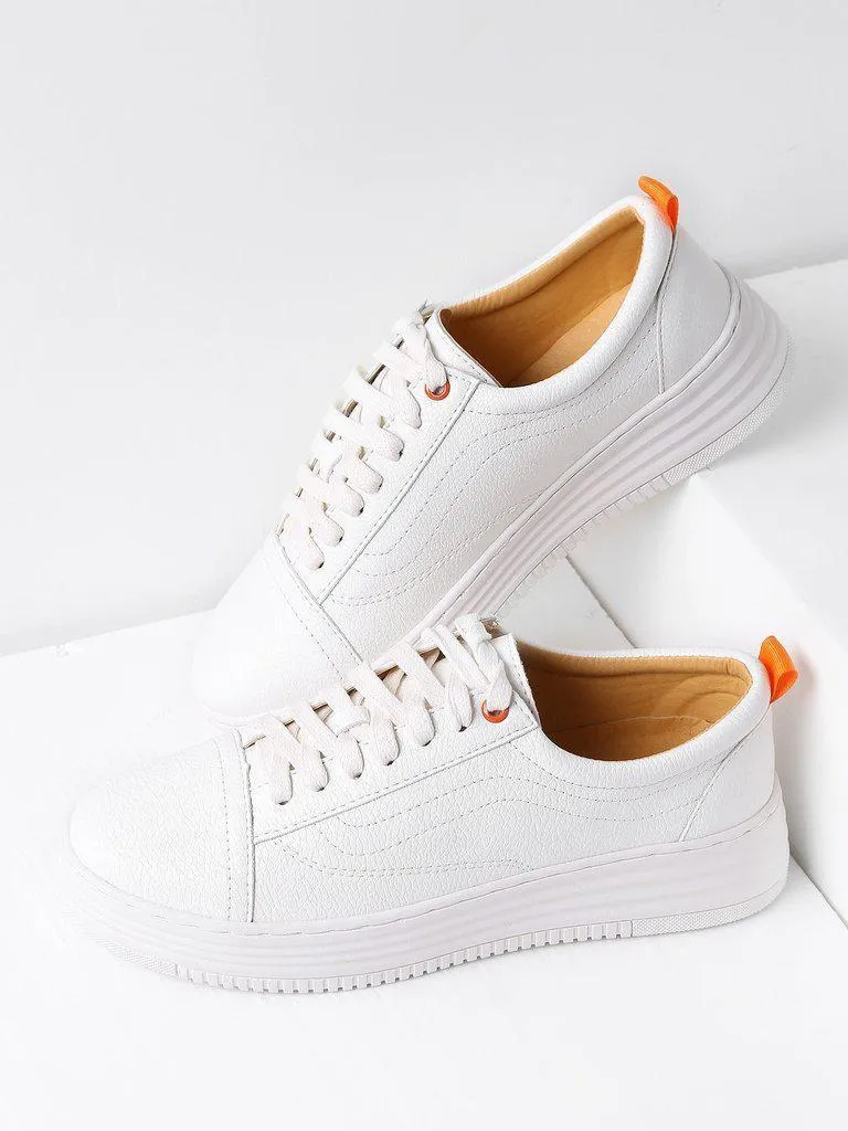 White Round Toe Lace Up Sneakers