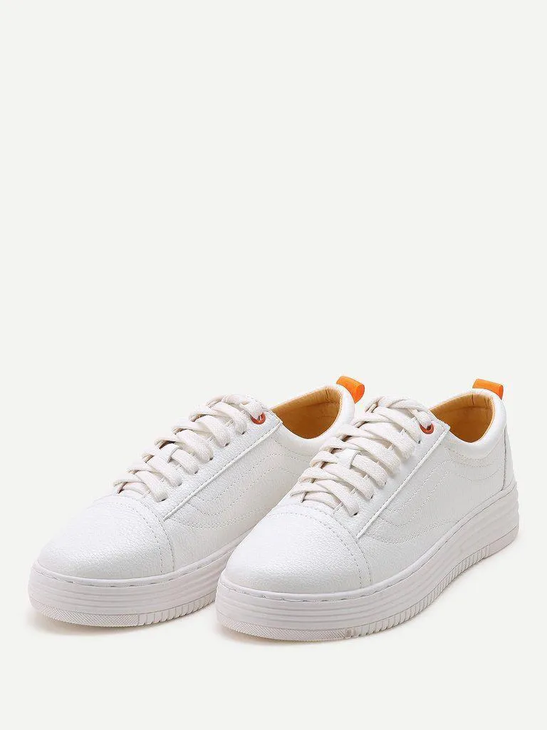 White Round Toe Lace Up Sneakers