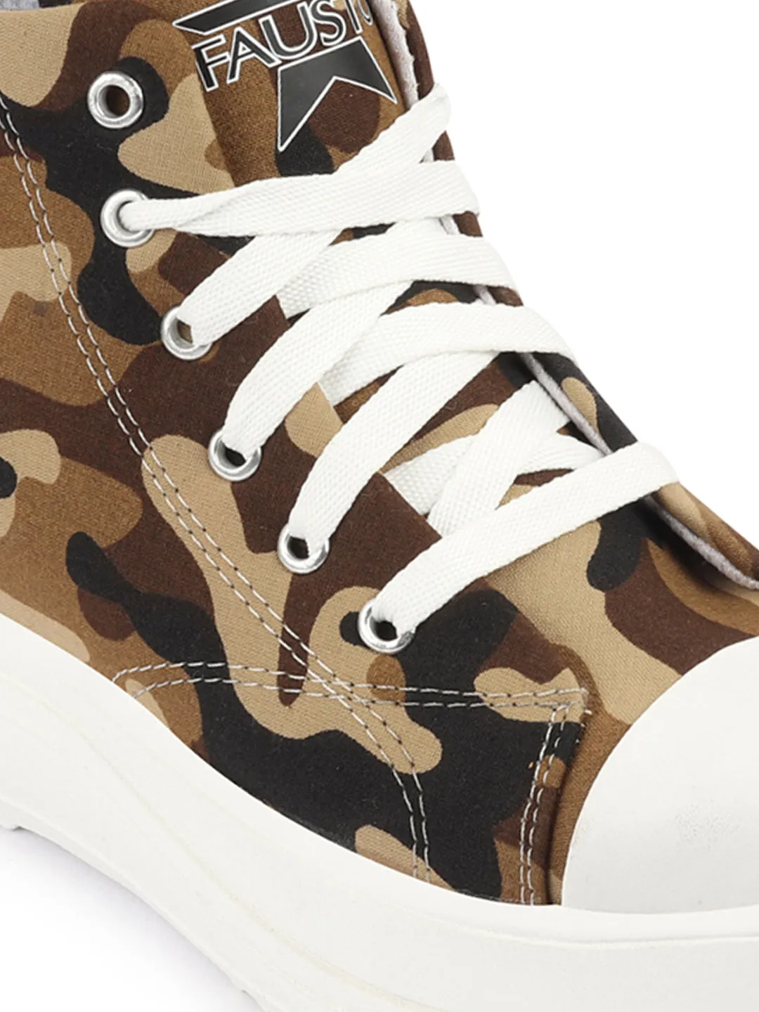 Women Beige High Ankle Top Wedge Heels Camouflage Print Canvas Lace Up Sneakers Shoes